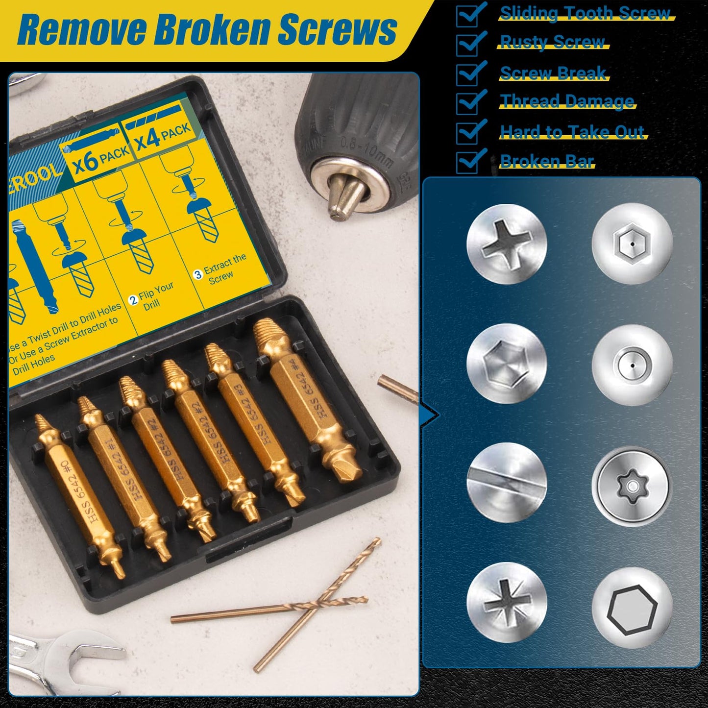 CLEVEROOL 10 PCS Damaged Screw Extractor Set, 6 PCS HSS 6542 Screw Extractor Remover Kit and 4 PCS Twist Drill Bit Kit for Stripped Screws & Drill Bit Tools, Gifts for Men