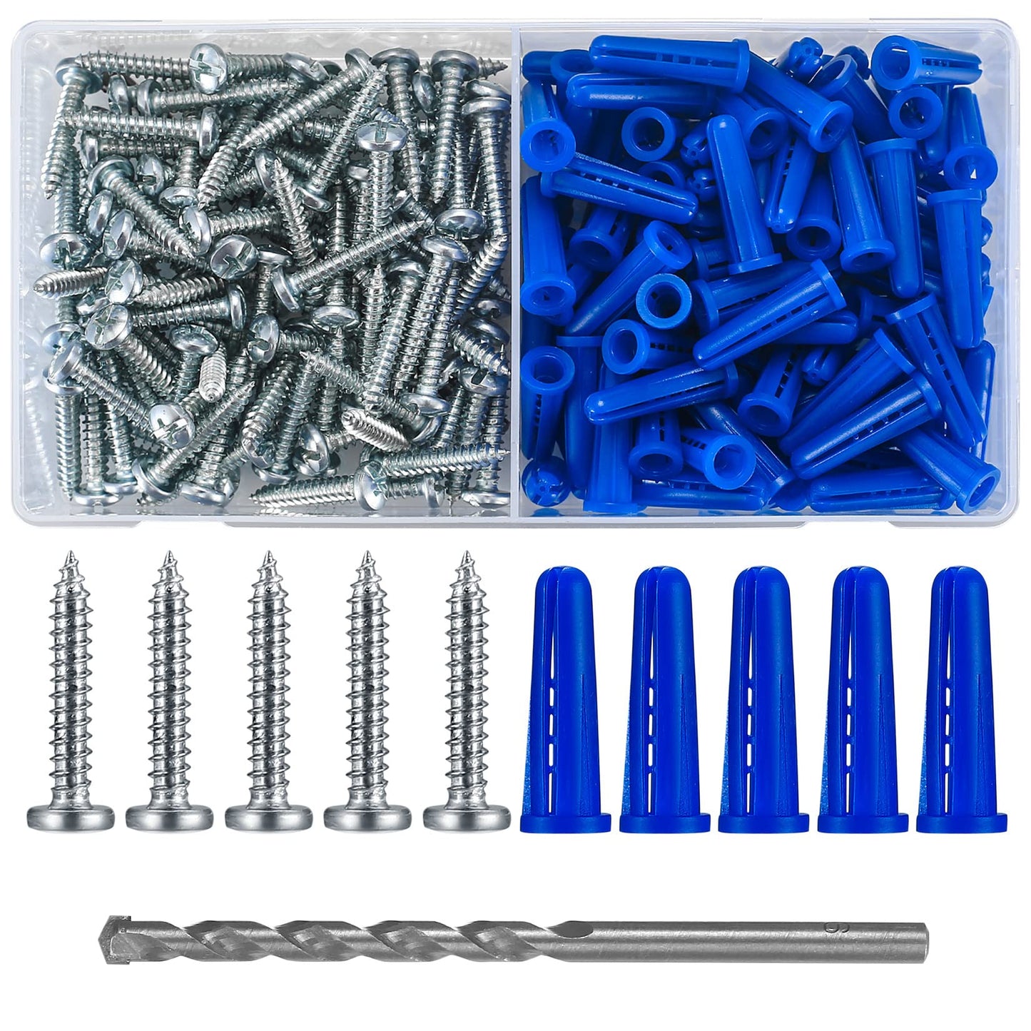 200 Pcs Conical Concrete Wall Anchors and Screws for Drywall, 10# Blue Conical Anchor and Self Tapping Screws, Includes 100 Pcs Drywall Anchors, 100 Pan Head Screw, 1 x Drill Bit (Blue)