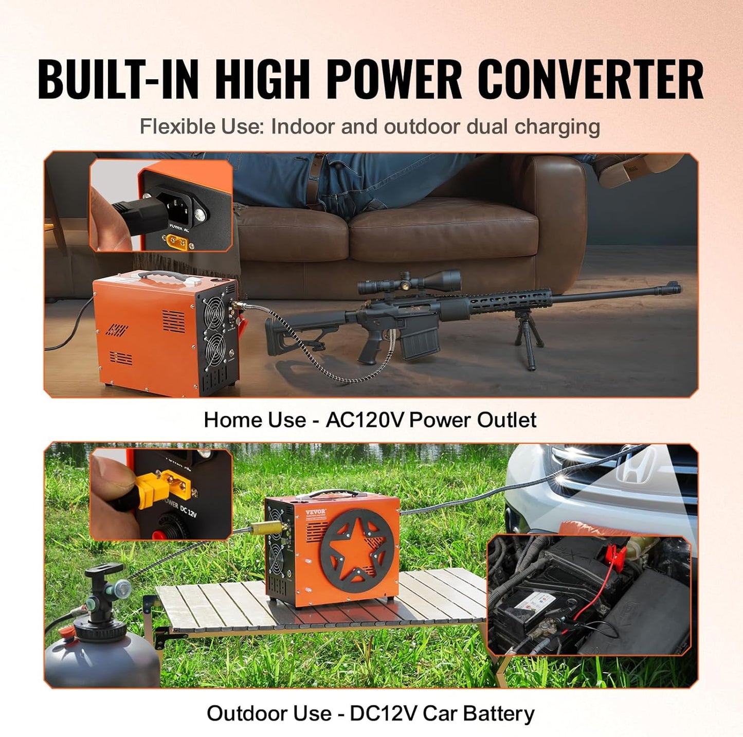 VEVOR PCP Air Compressor - 4500PSI Portable Airgun Compressor with Auto-Stop | DC12V/AC120V | Oil & Water-Free