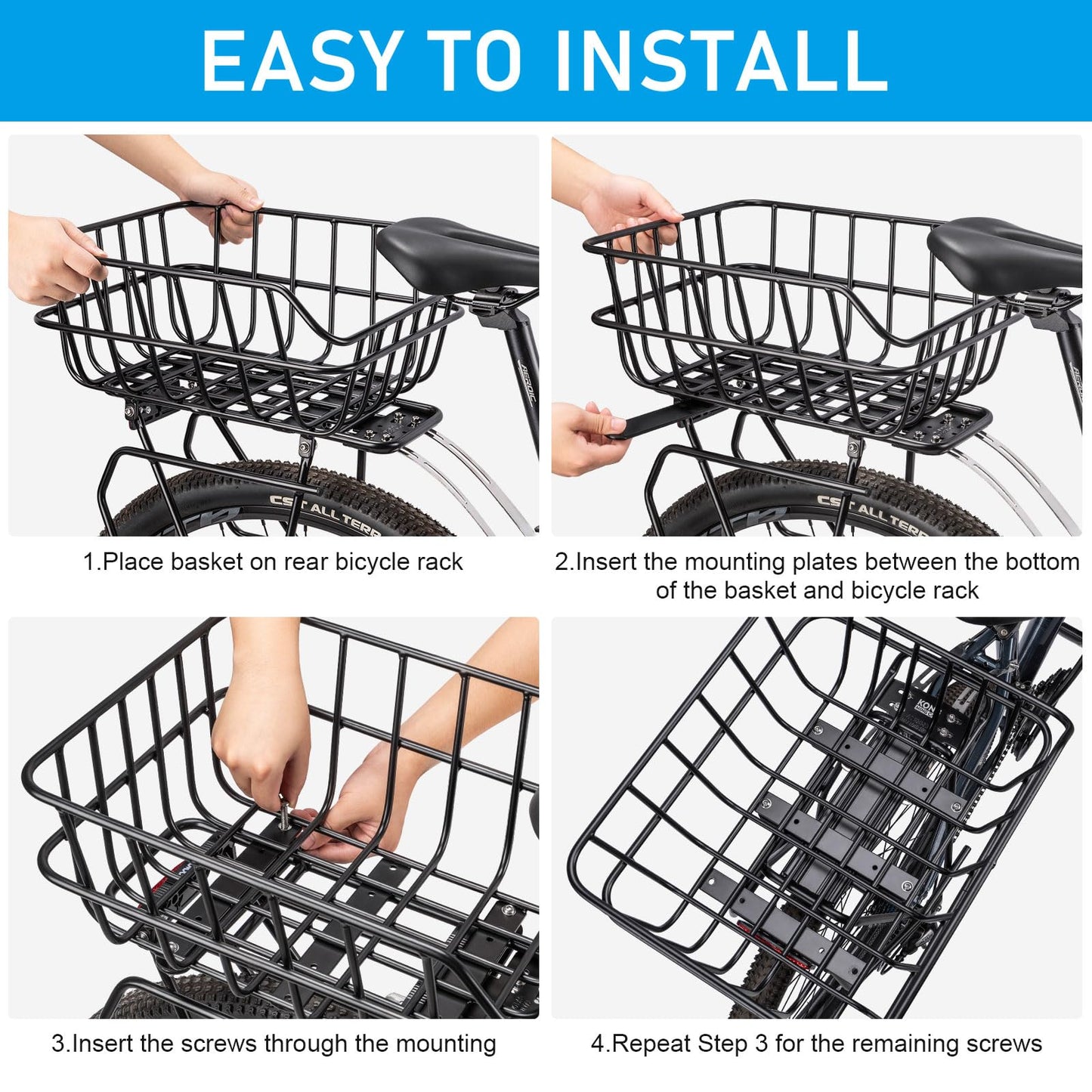 CXWXC Rear Bike Basket - Bicycle Rear Basket with Cargo Net and Waterproof Cover - Rear Mount Aluminium Bike Basket Large Capacity
