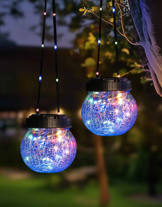 PARTPHONER Solar Lantern Solar Lights Outdoor Waterproof 2-Pack, Solar Powered Hanging Lights Cracked Glass Hanging Globes for Christmas Decoration, Shepherd Hook, Garden Tree Ornaments,Muiti-Color