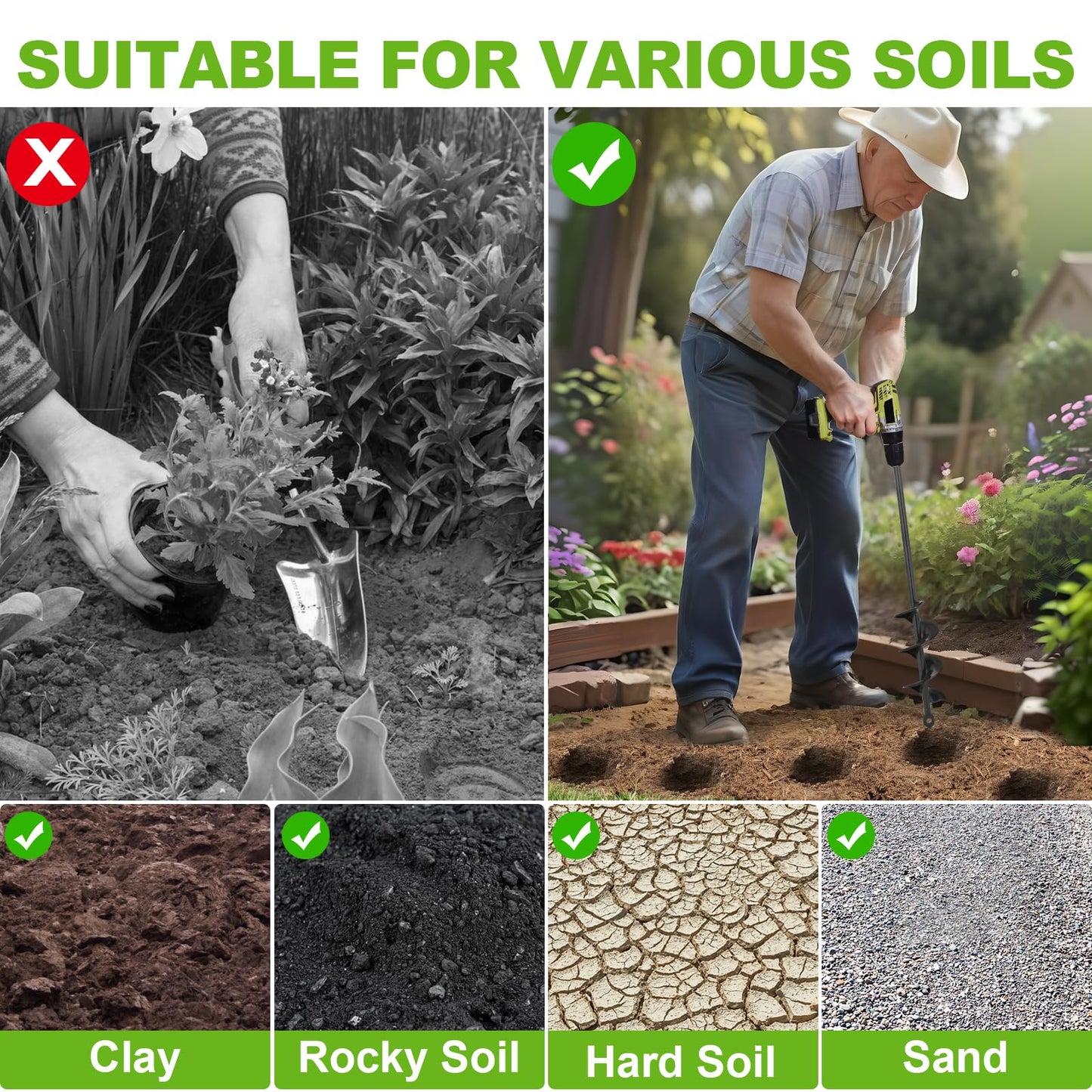 Auger Drill Bit for Planting 3 x 9 Inch, Garden Auger Spiral Bit Bulb Planter Tool Drill Auger for Planting Bulb, Bedding, Post or Umbrella Hole Digger for 3/8" Hex Drive