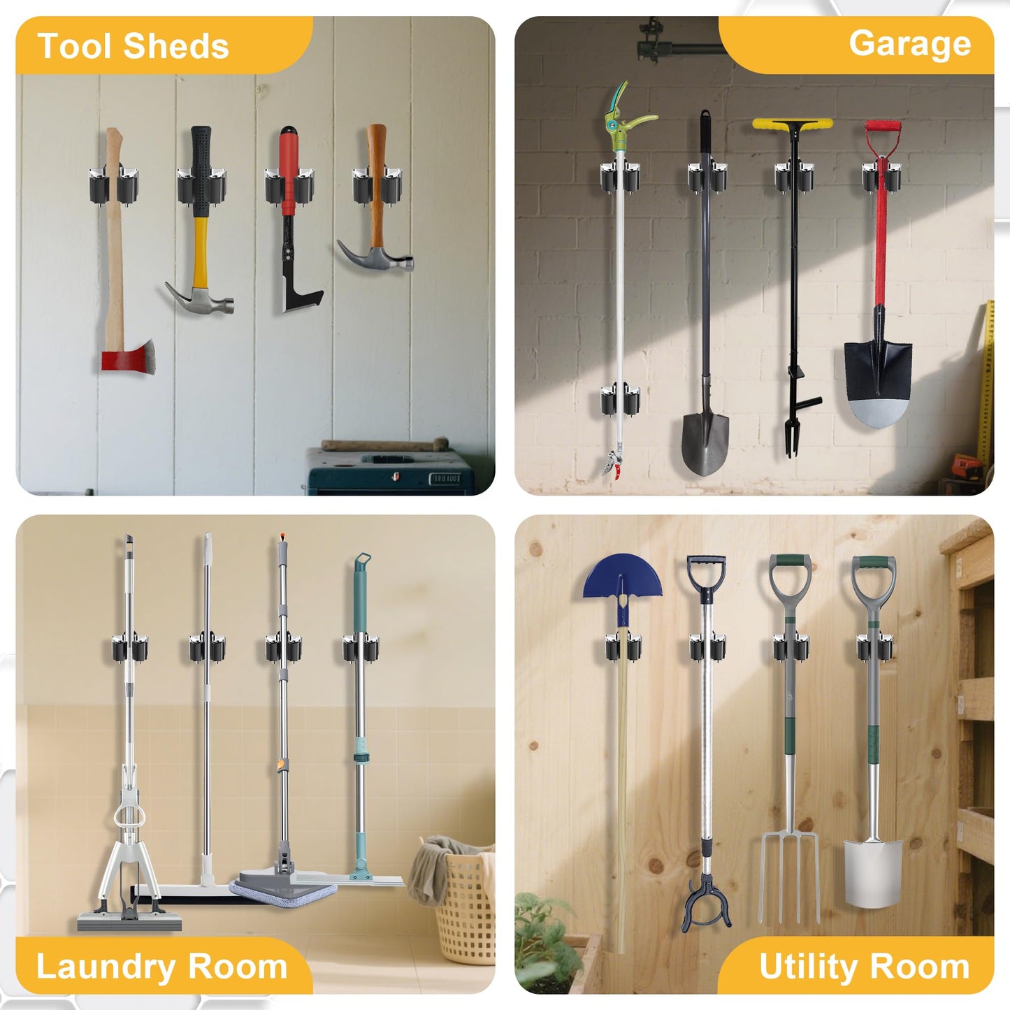 GARLWOLEX Broom Holder Wall Mount – 6 Pack Broom Rack with Star Shaped Rubber Rollers & Nickel Plated Brackets for Strong Grip and Long Life – Ideal for Garden Tools Organization