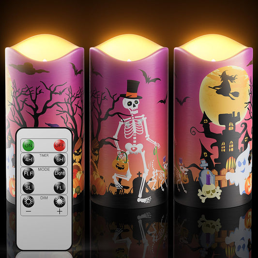Halloween Flameless LED Candles, Orange Warm Light Halloween Candles, Battery Operated Candles, Candles with Remote Timers for Halloween Decoration, 3 x 6 Inch, Set of 3