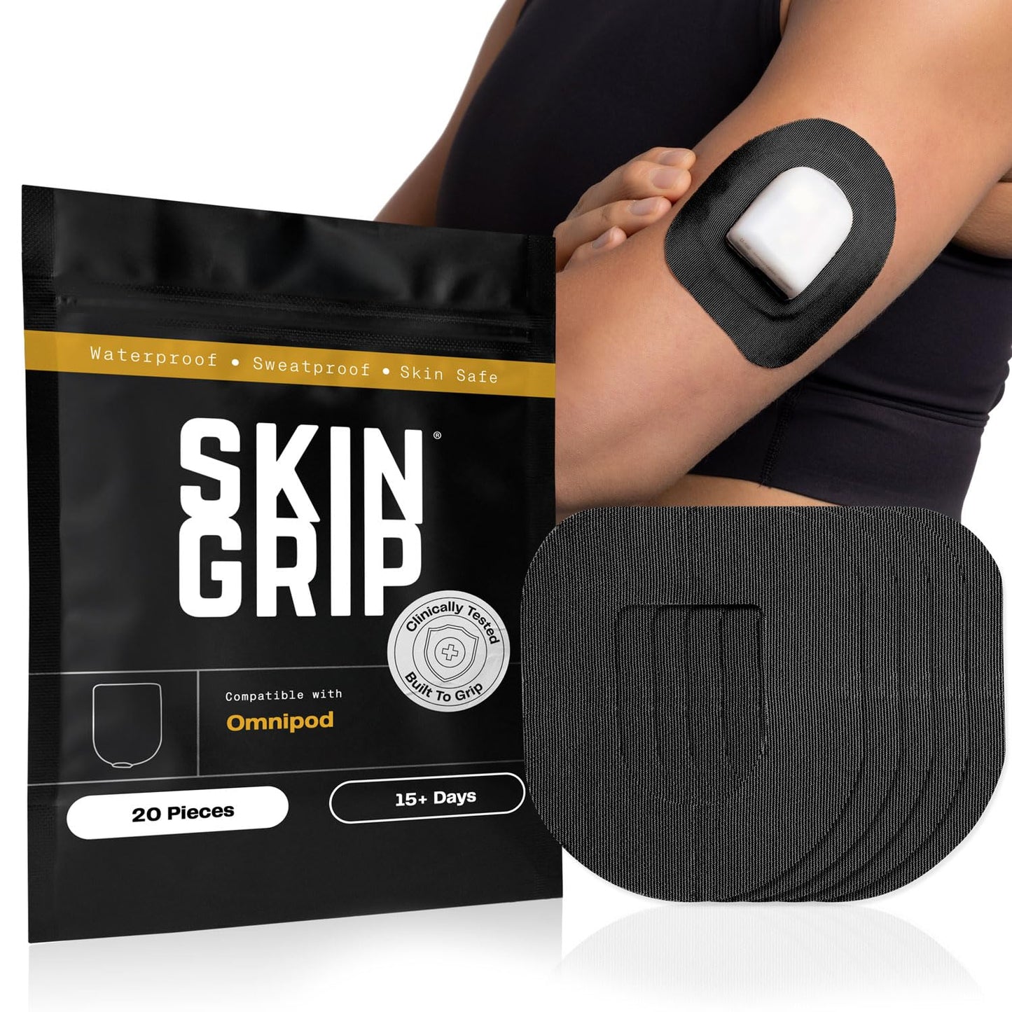 Skin Grip Insulet Omnipod 5 Adhesive Patches Waterproof & Sweatproof (Also Fits Omni pod Dash), Pre-Cut Medical Tape, Ultimate Insulin Pump Protection, Diabetic Sensor Covers, 20-Pack, Black