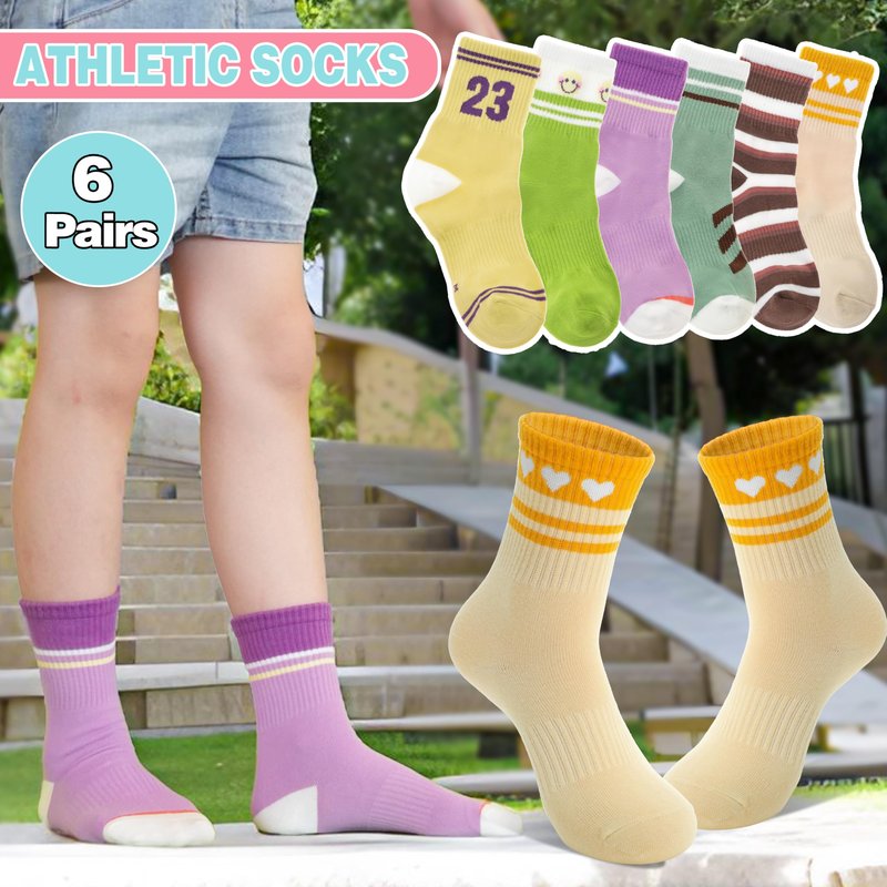 Sandsuced Kids Girls Socks Athletic Sport Basketball Youth Cotton Crew Soft Fun Gift Outdoor Socks 6 Pairs Stocking Stuffers(Assorted,5-8 Years)