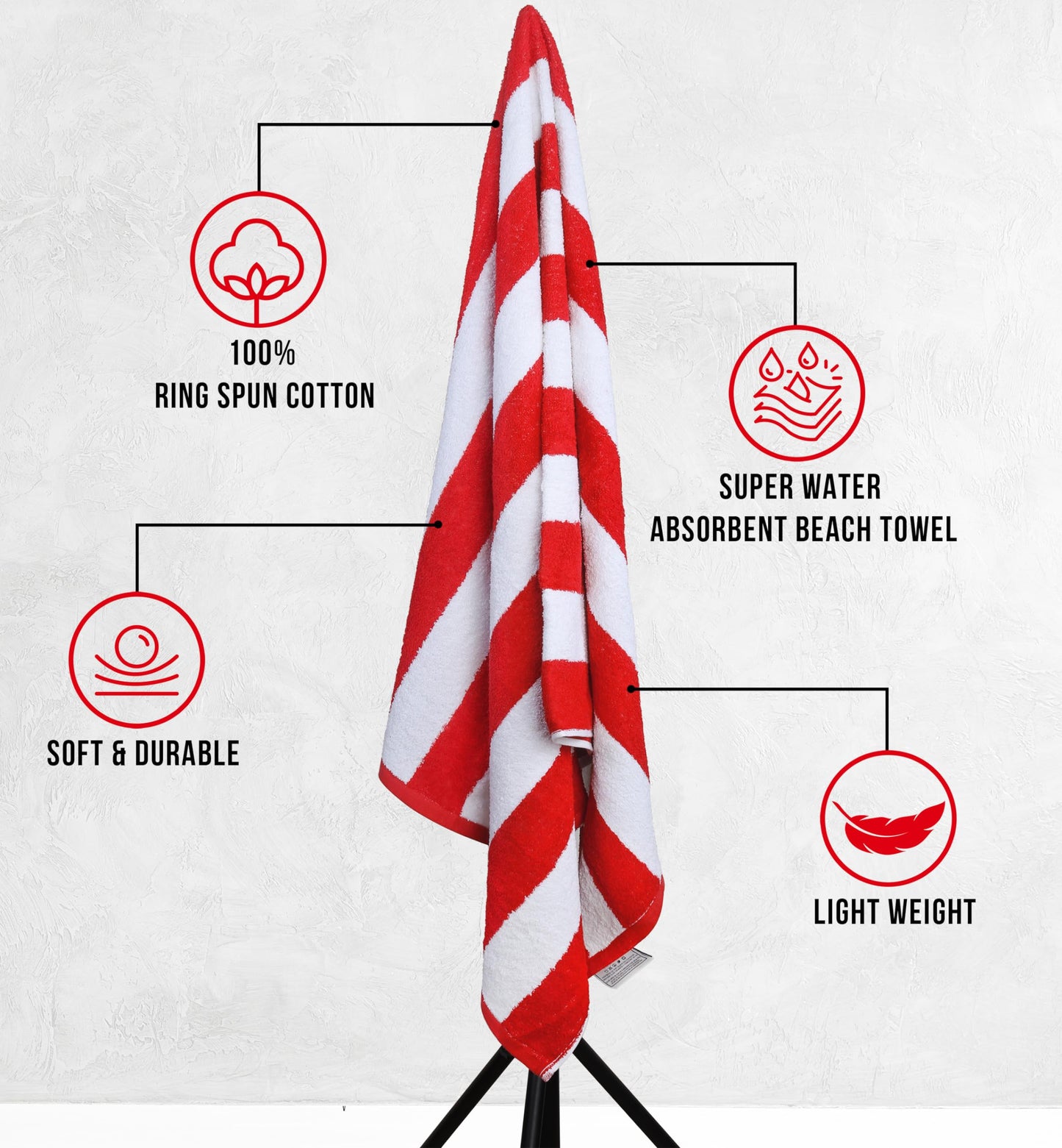 Utopia Towels Pack of 4 Cabana Beach Towels, Oversized 30 x 60 Inches Cotton Beach Towel Set, Smooth Ring Spun Texture for Pool and Swim Days, Modern Striped Design Bath Towels, Red