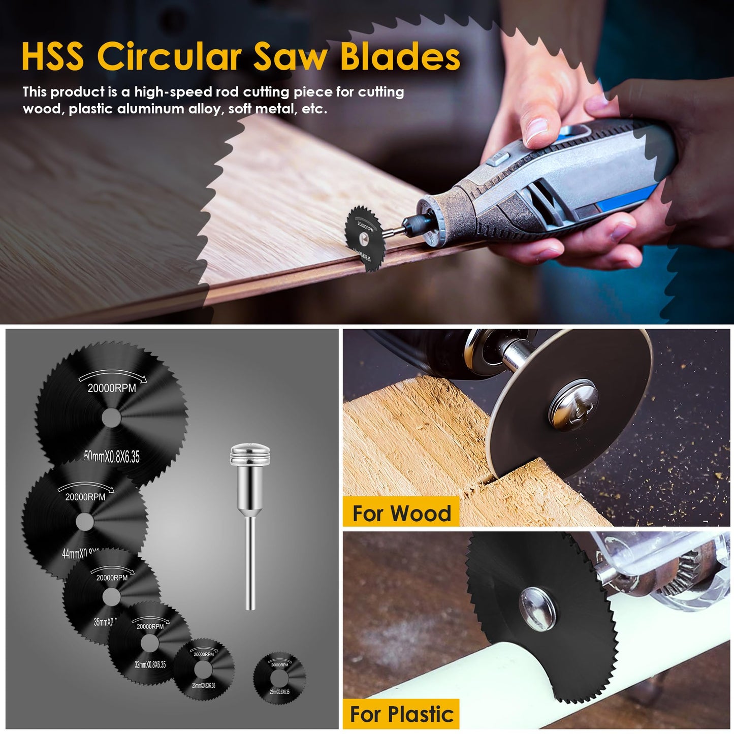 44pcs Black Cutting Wheel Set Compatible with Plastic for Rotary Tool, HSS Circular Saw Blades 6pcs, Resin Cutting Discs 20pcs, 545 Diamond Cutting Wheels 10pcs