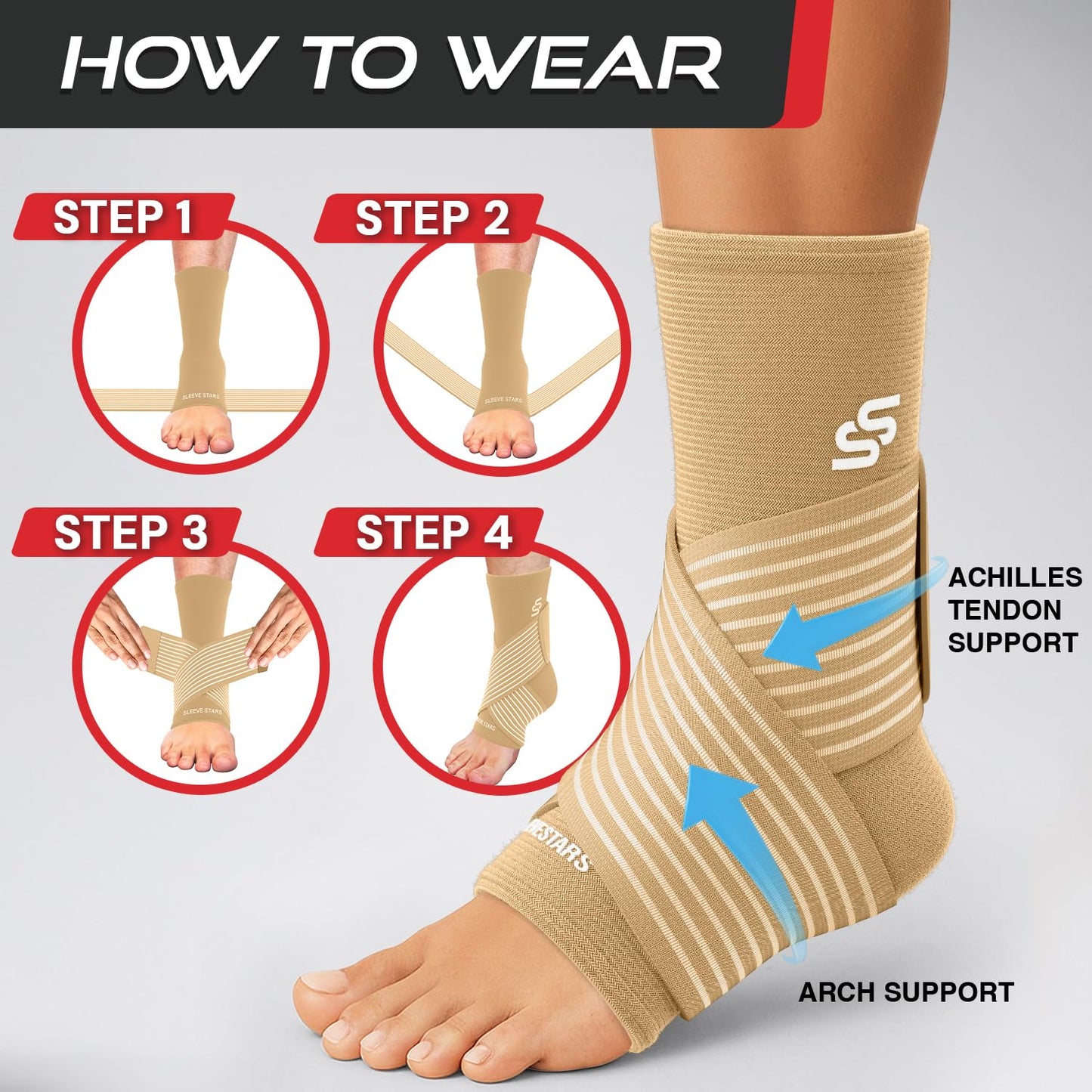 Sleeve Stars Ankle Brace for Women & Men, Ankle Wrap for Sprain, Compression Sleeve for Plantar Fasciitis Relief, Easy Customizable Support: w/ Removable Strap (Pair/M:10"-12"/Beige)