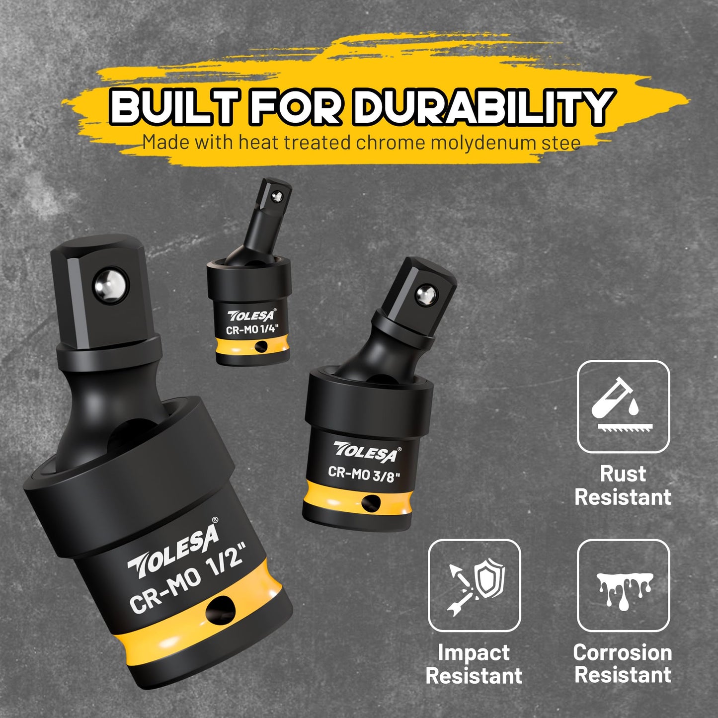 TOLESA Swivel Socket Set, Impact Universal Joint-Socket Set, 1/2", 3/8", 1/4" Flexible Socket Swivel Set Premium CR-MO Steel U Joint Adapter Wobble