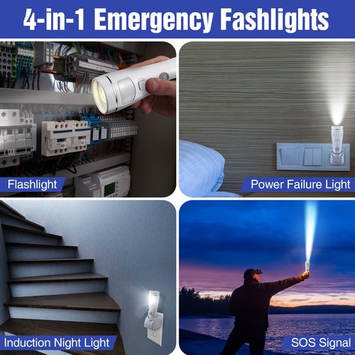 Enhon 2 Pack 4 in 1 LED Emergency Lights for Home Power Failure, Rechargeable Plug in Flashlight Motion Sensor Night Light, Automatic Turn On Power Outage Light for Home Hurricane Supplies (White)