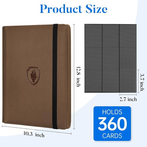 Fabmaker Premium 9 Pocket Card Binder - Sturdy Trading Card Album for 360 Cards | Brown PU Cover