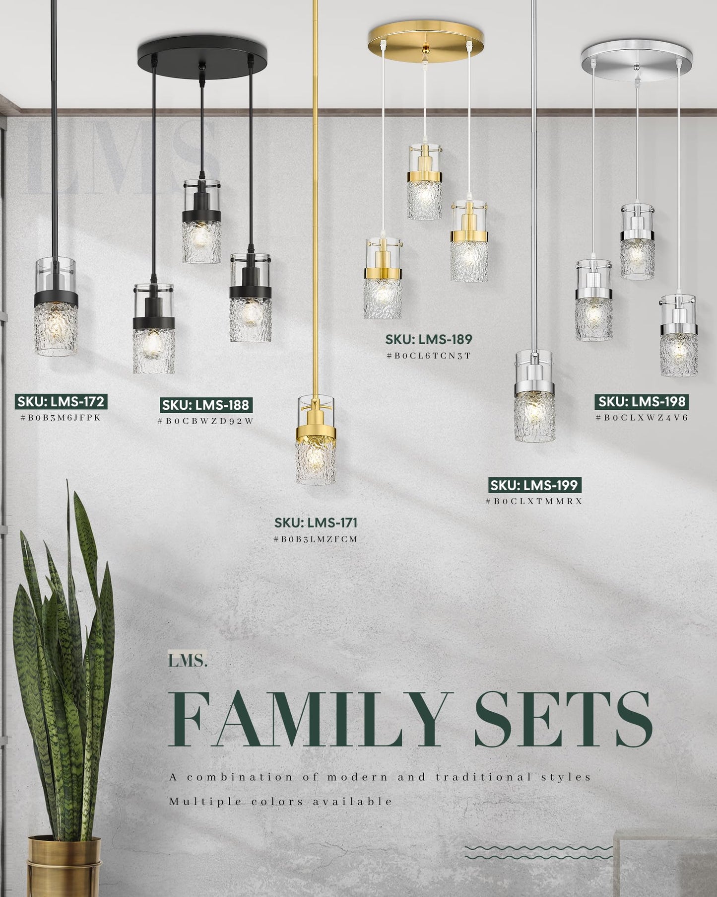 LMS Black 3-Light Pendant Fixtures, Adjustable Kitchen Hanging Light Fixture, Cluster Pendant Lights, LMS-188