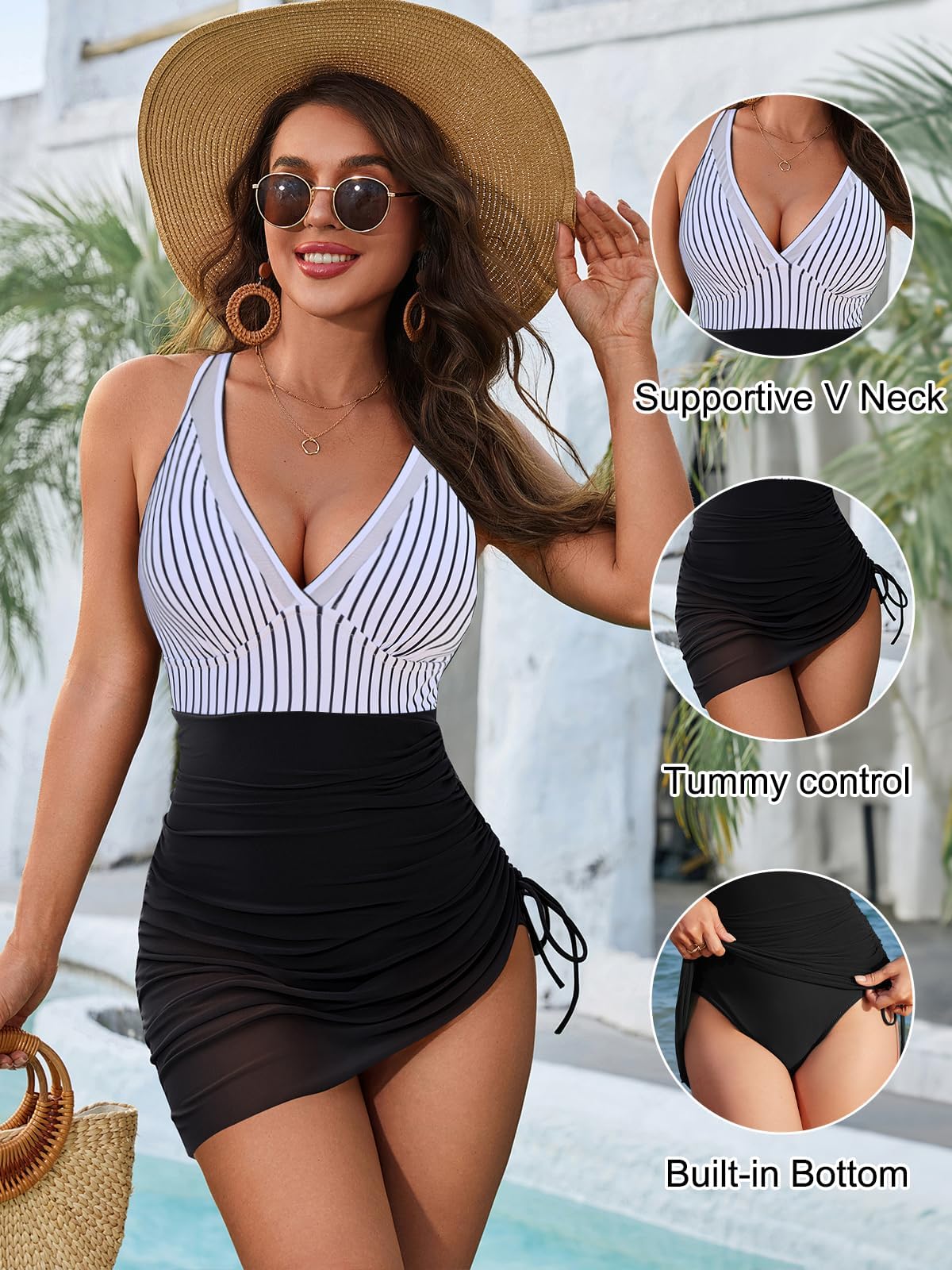 Blooming Jelly Women One Piece Swimsuits Tummy Control Swim Dress Slimming Modest Sexy Bathing Suit Sarong Wraps Drawstring Swim Suits 2025 (L, Black Stripes)