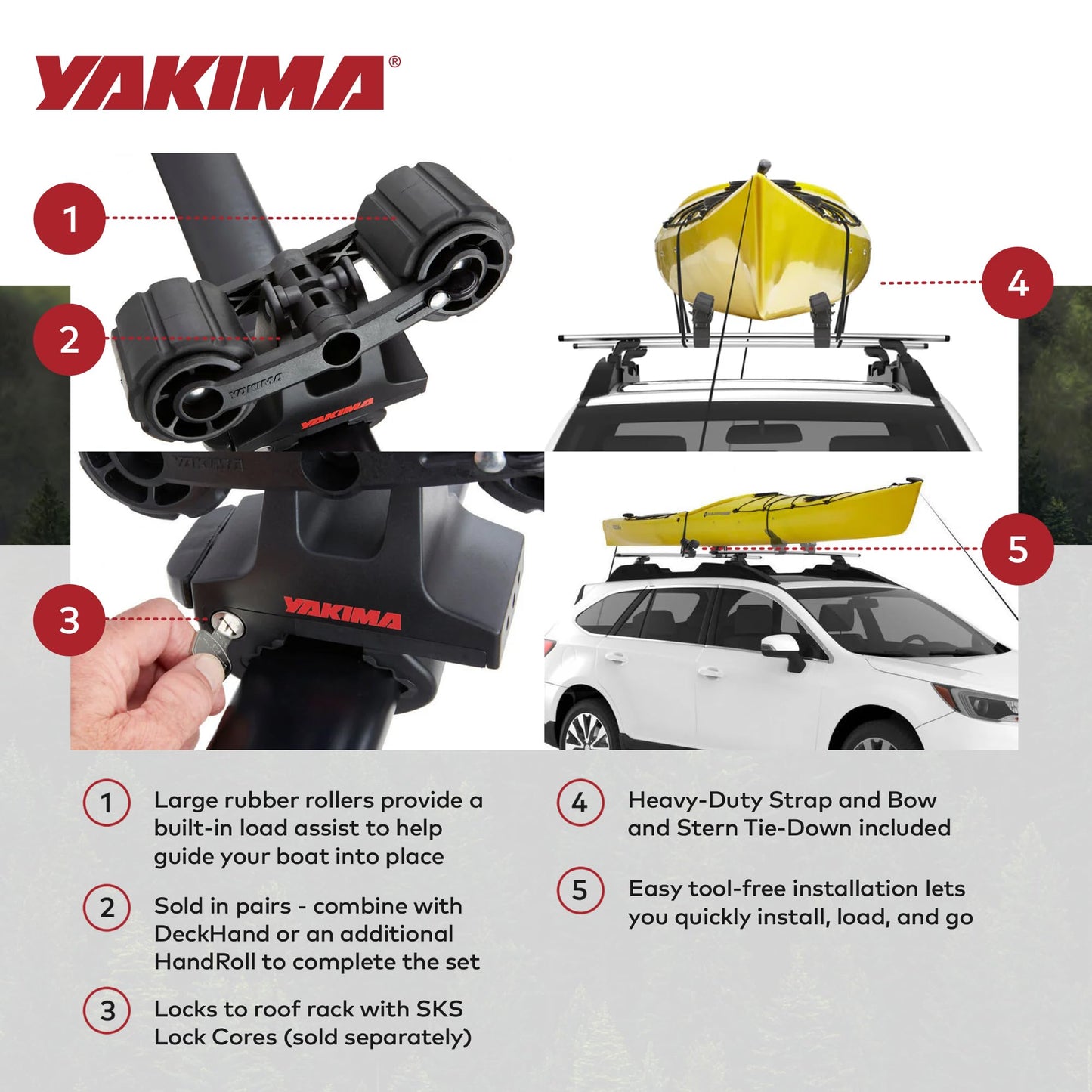 YAKIMA HandRoll Rooftop Mounted Kayak Rack for Vehicles with Heavy Duty Strap, Bow, and Stern Tie Down, Tool Free Installation, Set of 2 Kayak Rollers
