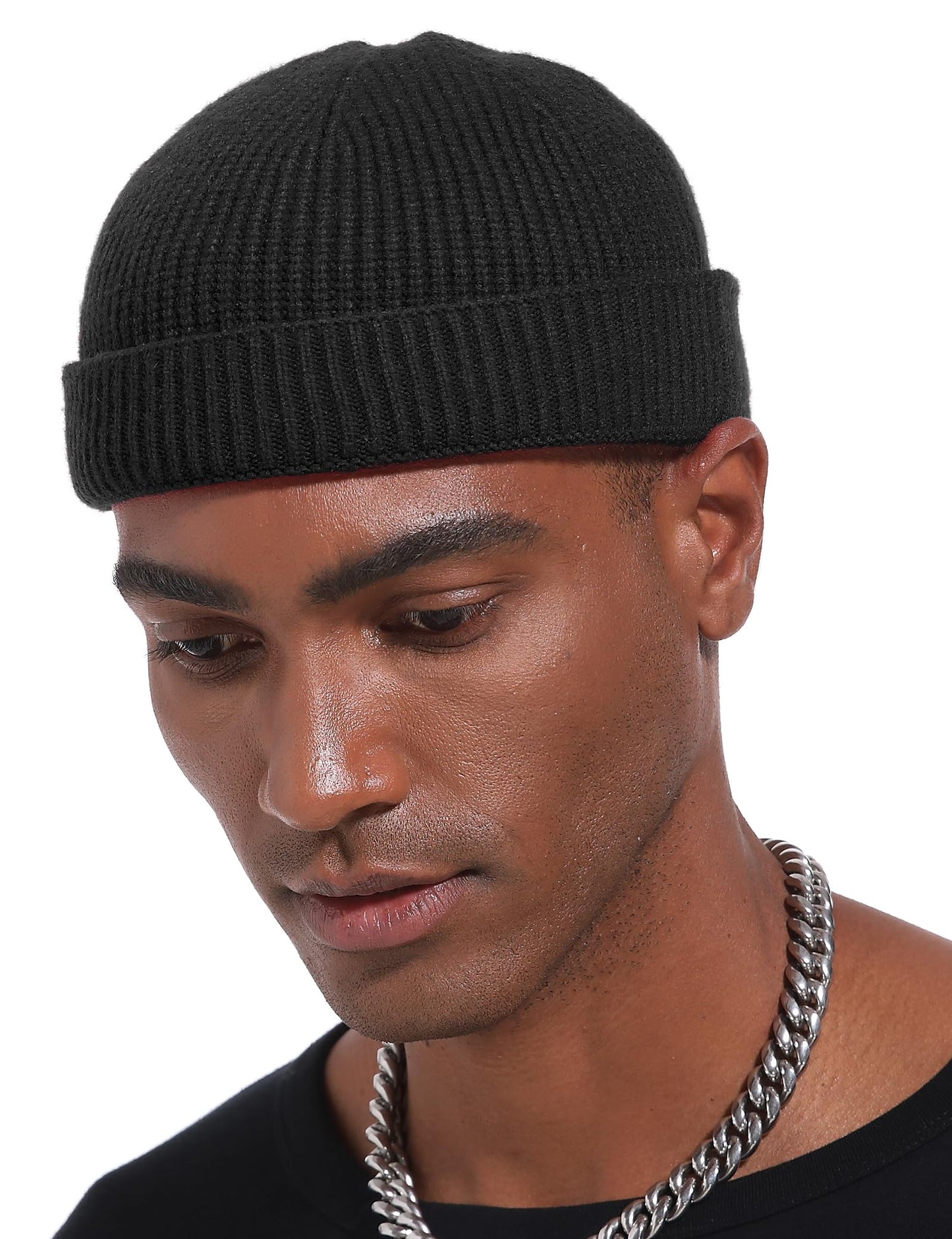 vidsel Thin Wool Fisherman Beanie Hat for Men Women Fall Winter,Short Knit Cuffed Fashion Trawler Skull Cap,Watch Cap,Black
