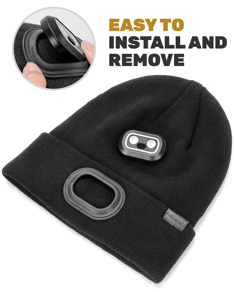 OKKLE Beanie with Headlamp Beanie with Light LED Winter Stocking Cap Knit Hats for Men Women Black