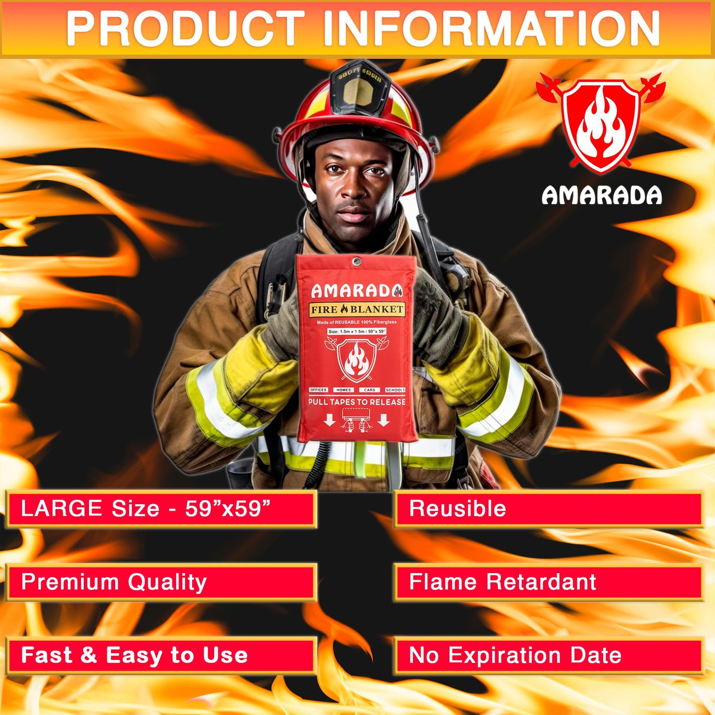 AMARADA | 2 Pack Emergency Fire Blanket | Large Size 59"x 59" | Ideal for Kitchen, Schools, Offices, Cars, Camping, BBQ, Outdoor Activities