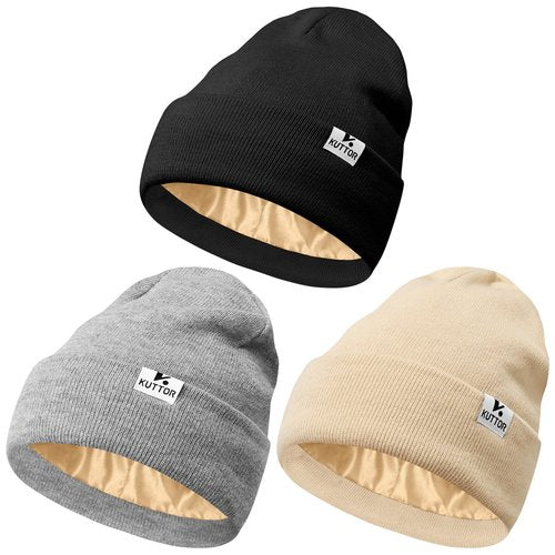 KUTTOR 3 Pack Satin Lined Winter Beanie Hats for Men Women Silk Lined Beanies Soft Knit Warm Slouchy Cuffed Winter Hat