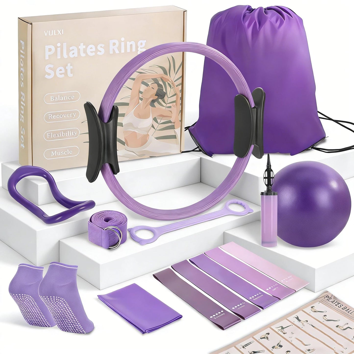 VIJLXI Pilates Kit, Home Pilates Equipment with Pilates Ring, Ball & 5 Resistance Bands, Core Strength Training for Flexibility & Muscle Toning