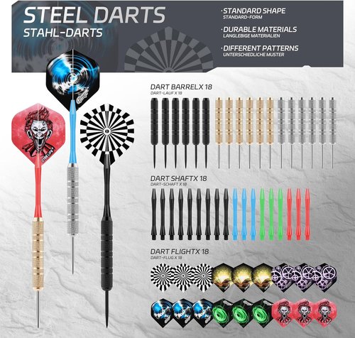 CyeeLife Steel Darts Set - 18 Professional Metal Tip Darts with Shafts & Flights for Beginners