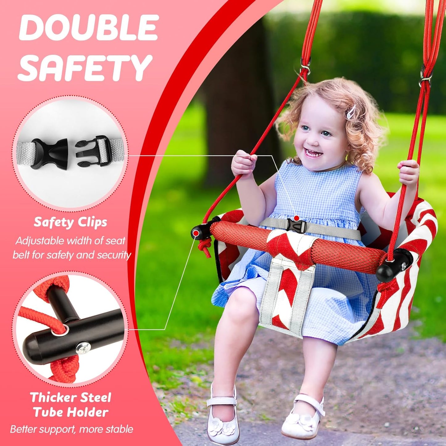 Skiennix Toddler Swing - Comfy Indoor/Outdoor Kids Swing Seat with Safety Harness & Quick Lock System (Red)