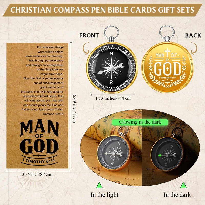 Sayglossy 20 Sets Man of God Gift Bulk, Christian Gifts for First Communion, Baptism, Religious Compass, Ballpoint Pens, Bible Verse Card with Opp Bag for Fathers Day, Pastor Men, Church