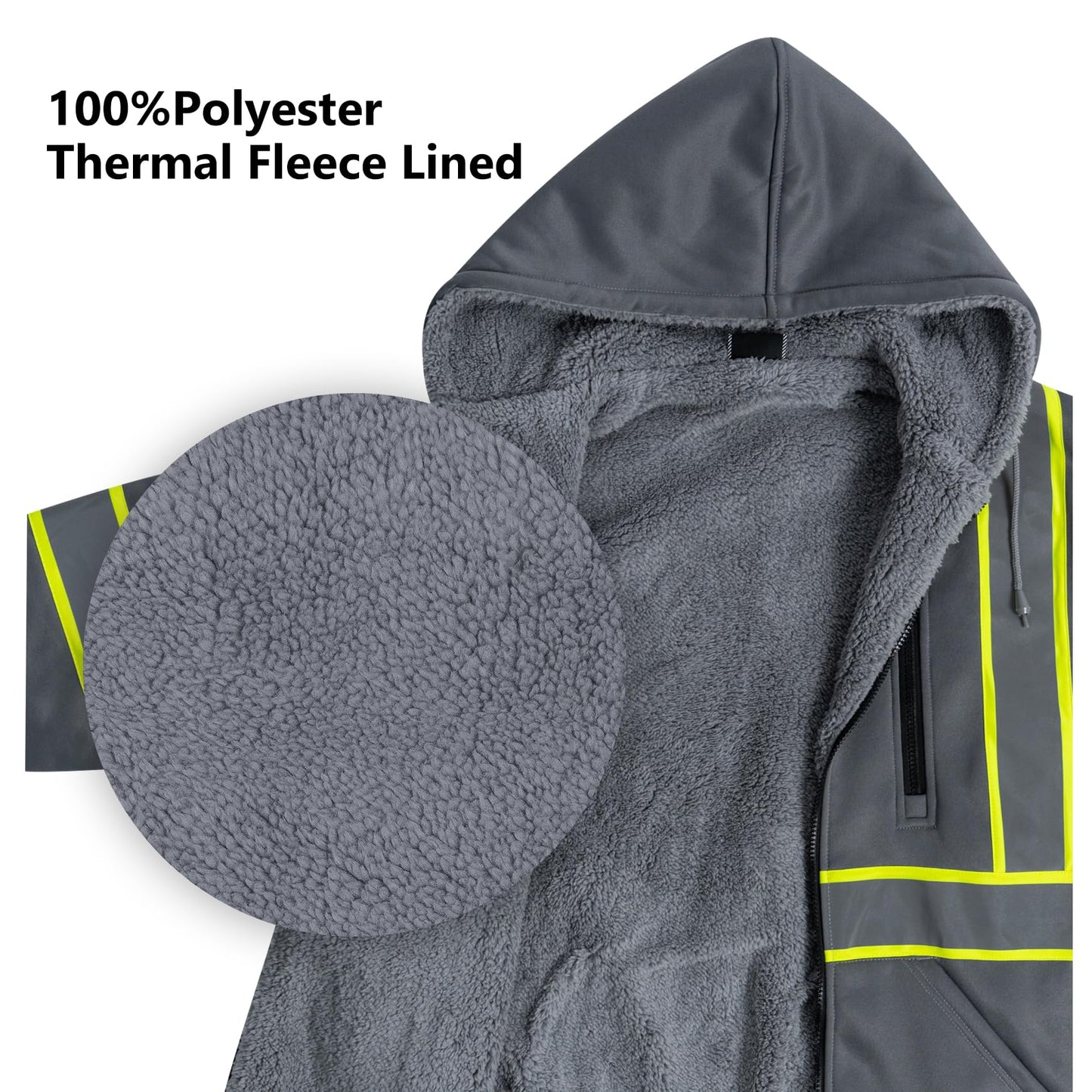 VENDACE Men's ANSI Class 3 High Vis Safety Reflective Sweatshirt Wool Fleece Zipper Jacket Hoodie (Grey,M)