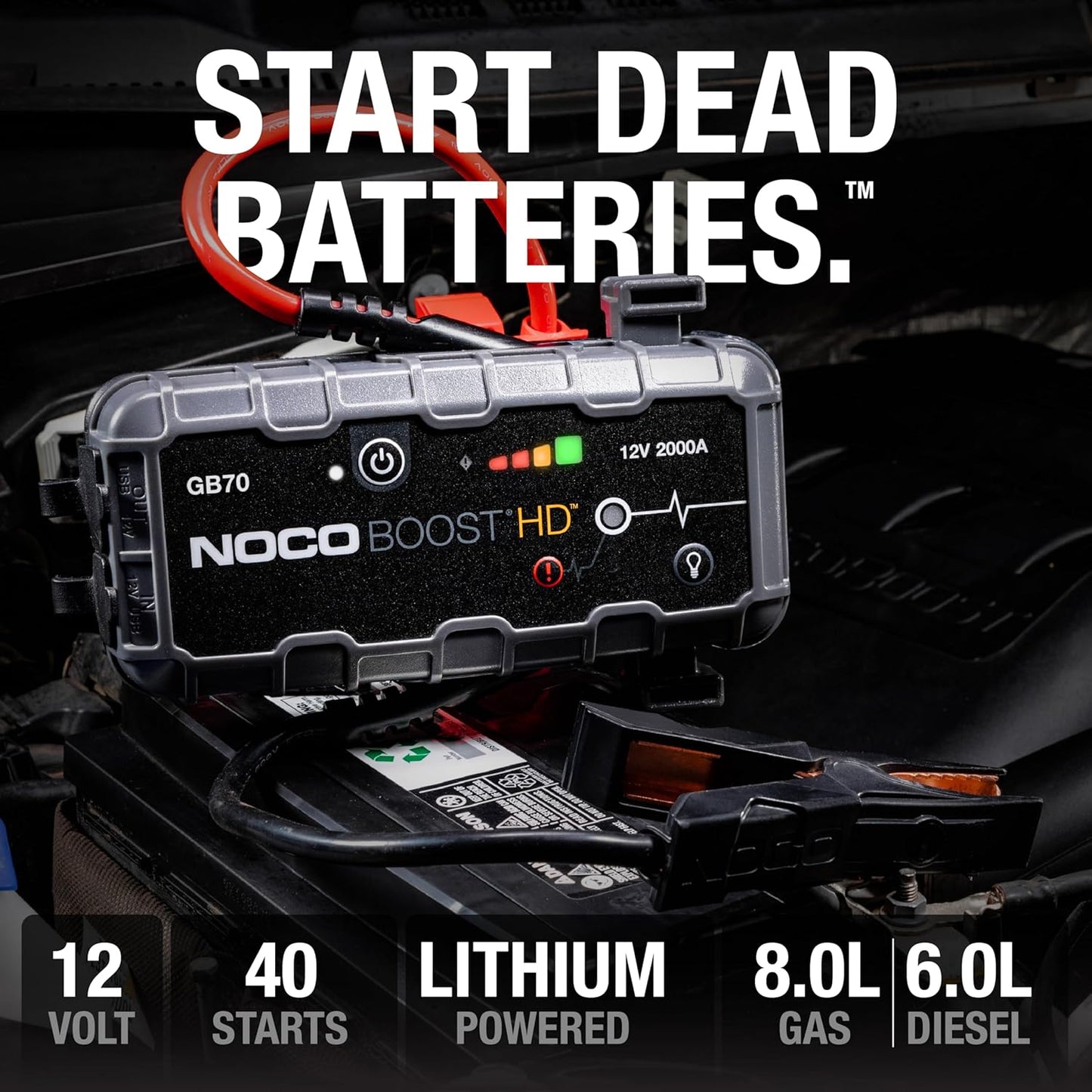 NOCO Boost GB70 Jump Starter - 2000A UltraSafe Lithium Battery Booster for 8.0L Gas & 6.0L Diesel Engines