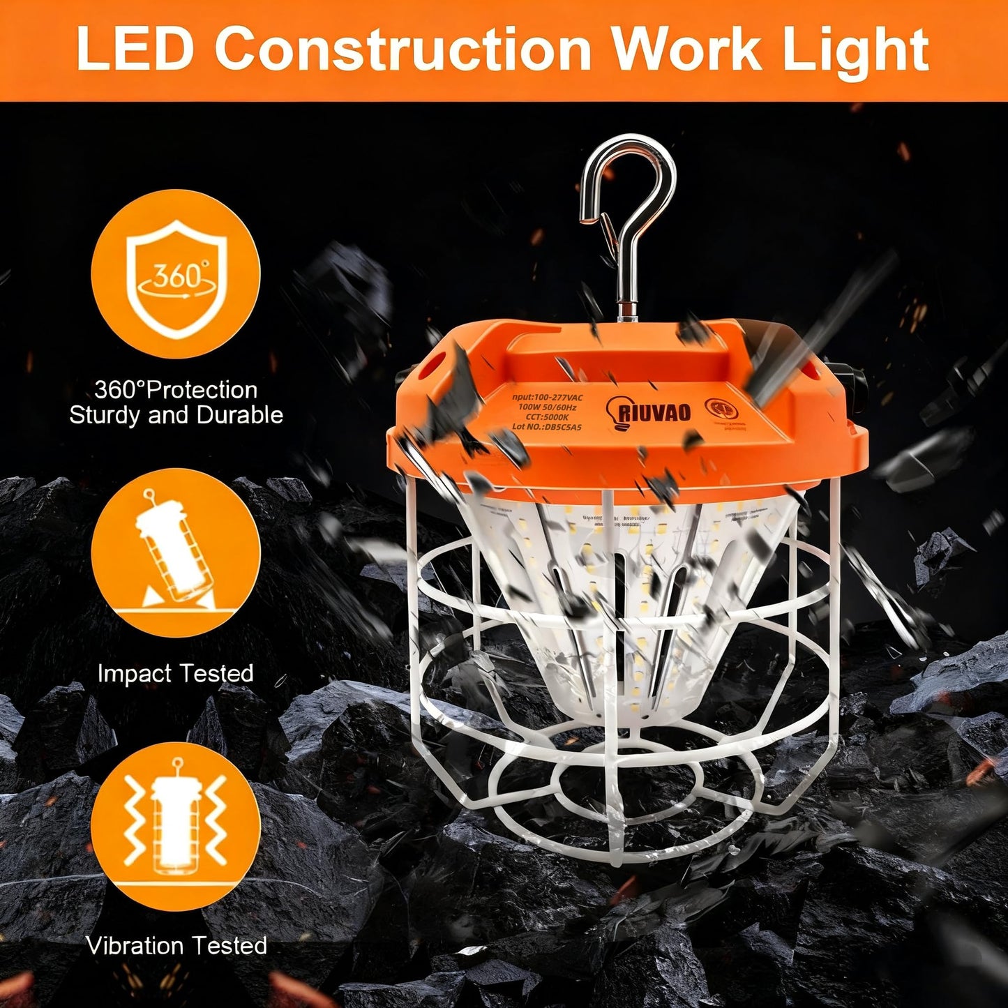 LED Temporary Work Light 100W, 15000Lm, 5000K Daylight White, Portable, Connectable LED Worksite Light with Hook, IP65 Dustproof and Waterproof, Suitable for Wet Locations and Construction Sites
