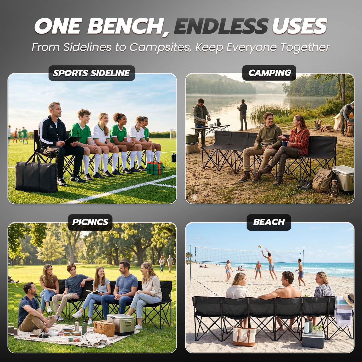 Flexzion Portable Folding Bench Seat, 6 Seater, Collapsible Soccer Bench, Portable Bench Seats for Bleachers, Camping, Sideline, with Back Rest and Carrying Bag, Black