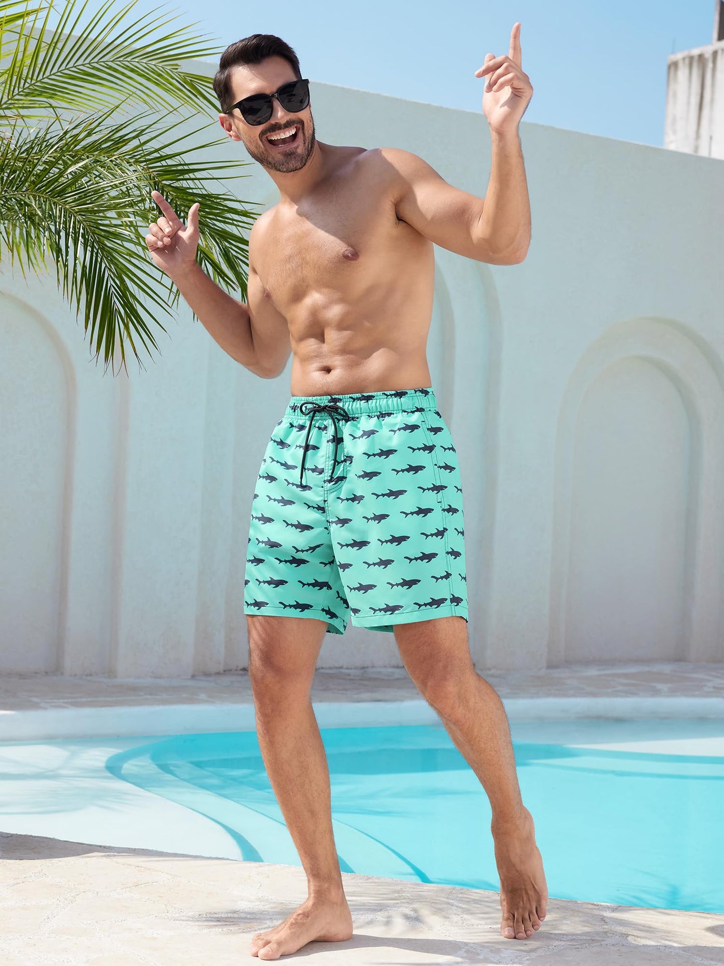 SILKWORLD Mens Swim Trunks Quick Dry Bathing Suits, Blue Shark, M