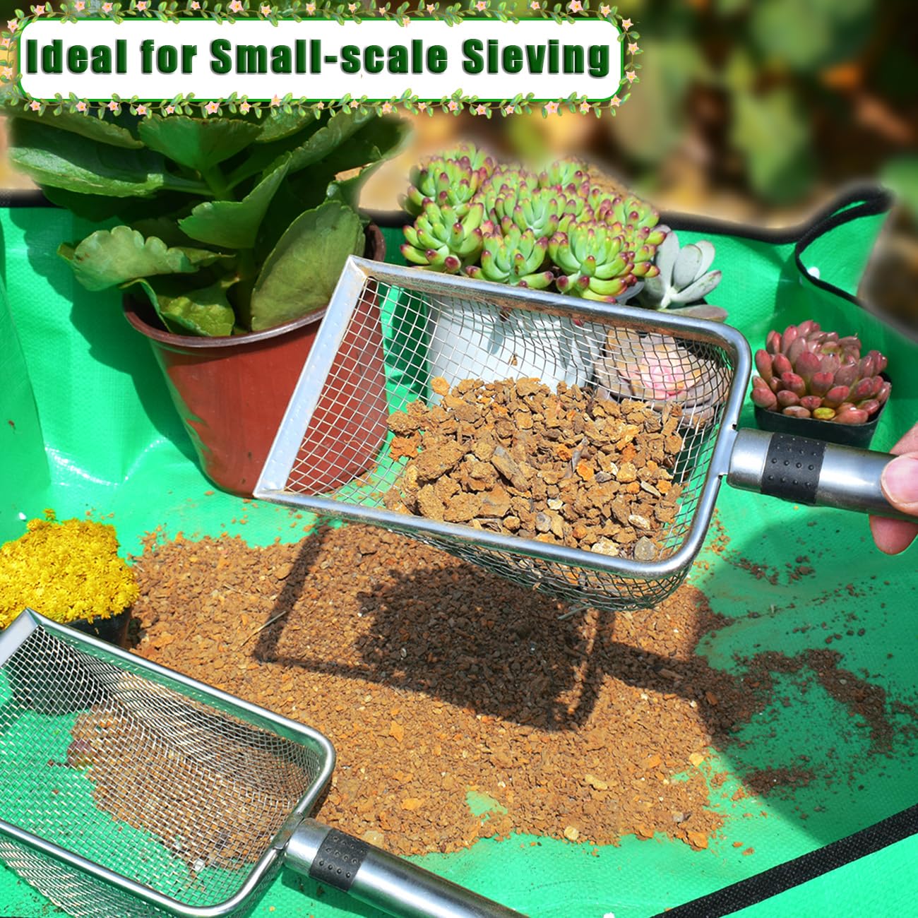 Soil Sifter for Gardening, Soil Sieve Compost Sifter with Repotting Mat, 3.8/5mm Mesh Sieve, Garden Sifter Shovel for Rocks, Sand, Dirt, Ideal for Small-Scale Sieving