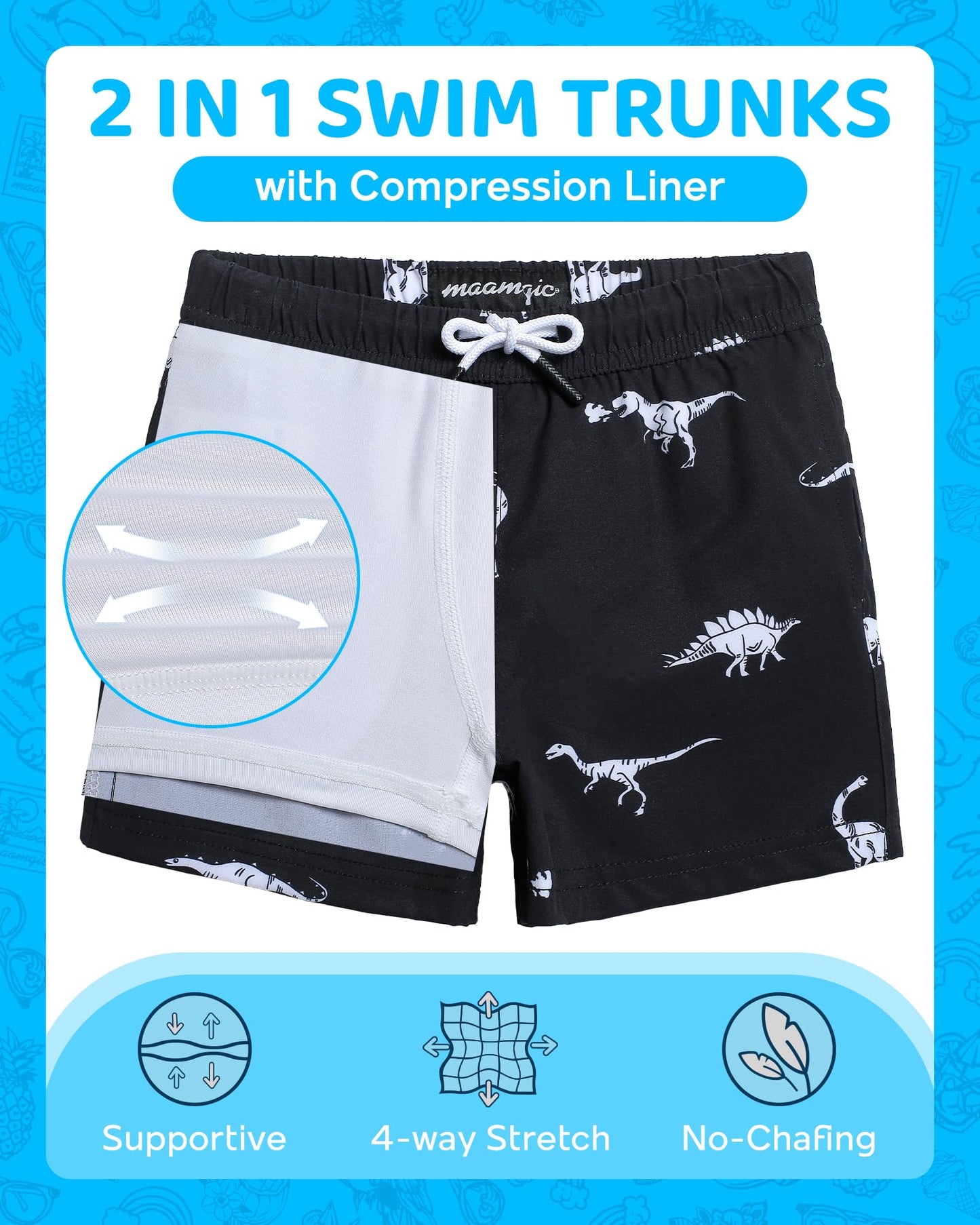 maamgic Boys Swim Trunks with Compression Liner 4-Way Stretch Quick Dry Swim Shorts Swimming Trunks Toddler Boy Dinosaur Black 8 Years