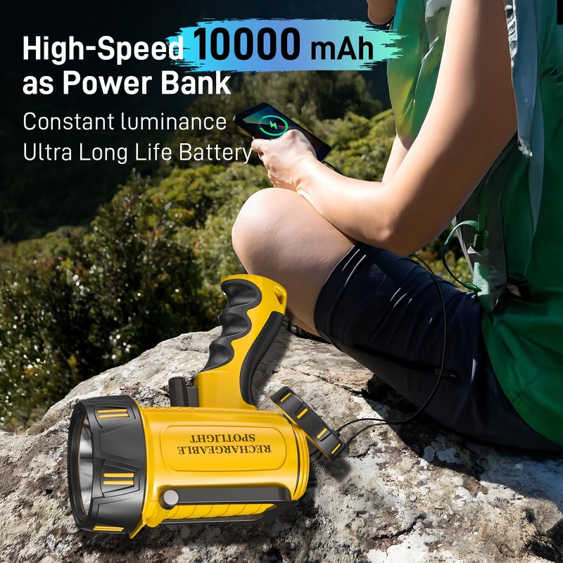 2026 New 3000,000 Lumen Super Bright Spotlight,10000mAh Rechargeable Flashlight Handheld Spotlight,Spot Light Outdoor Runtime 72+ Hrs,Flashlight Searchlight Flood Camping Hunting Boating with Tripod