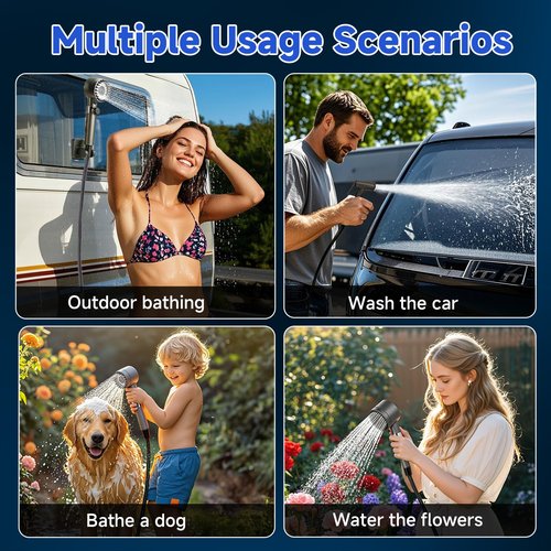 Rechargeable Camping Shower Pump, 9000mAh Portable Shower for Camping, 4 Sprayer Modes Electric Outdoor Shower Head IPX7 Waterproof USB Battery Powered Kit with 5 Gallon Bucket&Foot Pad (Blue)