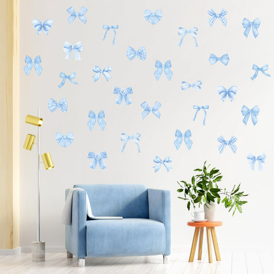 A1diee Blue Bow Wall Stickers - 60Pcs Trendy Light Blue Watercolor Coquette Aesthetic Wall Stickers Bow Knot Baby Room Decor Vinyl Decals Art Wallpaper for Boys Girls Bedroom Kindergarten Nursery