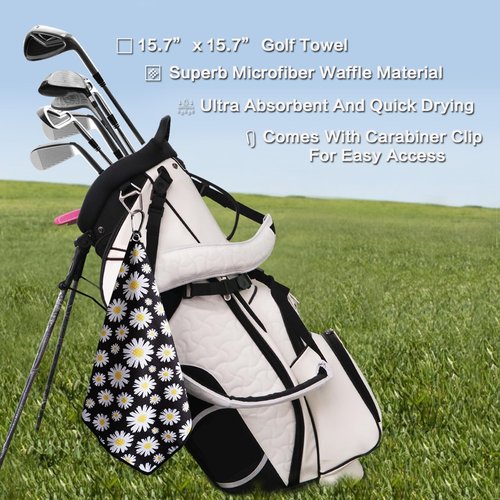 FINGER TEN Golf Towel Microfiber Waffle Towels for Golf Bags for Men Women with Clip 15.7’’X15.7’’ Set in Gray Black Blue Purple (Daisy&Black&Purple, 15.7L x 15.7W)