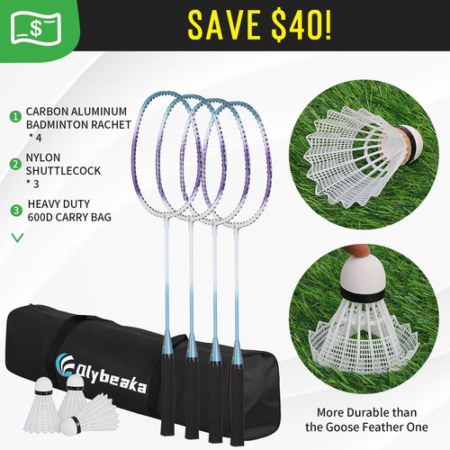 20ft Portable Outdoor Badminton Net Set for Driveway Backyard, Beach, Park with Durable Anti-Sag PE Net, Heavy Duty Steel Poles, 4 Badminton Rackets, 3 Shuttlecocks and 600D Carry Bag