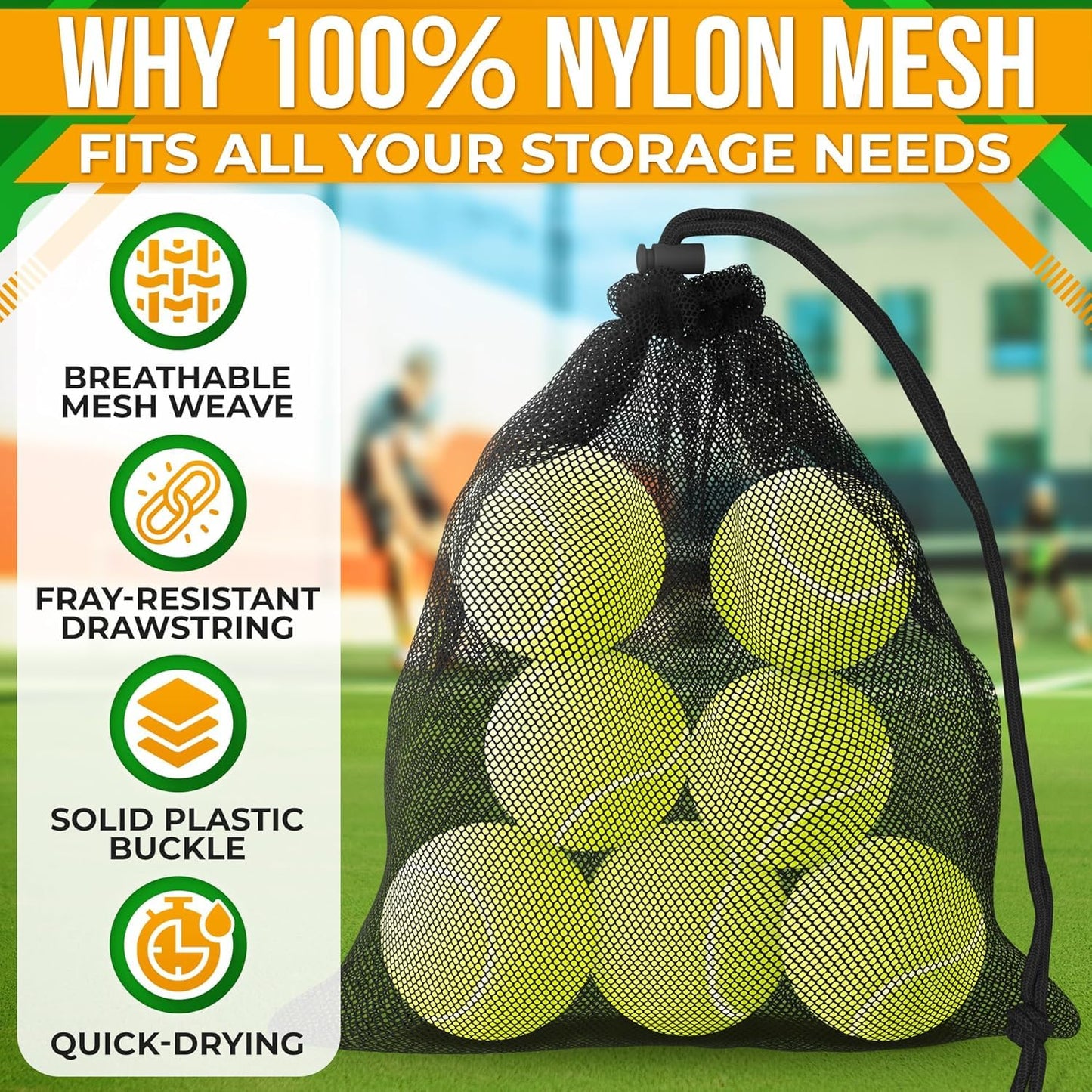 Jambala Mesh Drawstring Bags, 5 Pcs, 11 x 7 Inch - Nylon Net Bags for Swim Gear, Golf Balls, Tennis Balls, Gym Items, and Beach Essentials