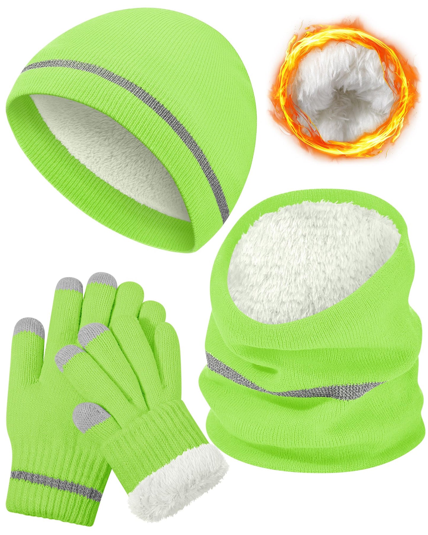Shihanee 3 Pcs Men Hi Vis Thermal Beanie Hat Glove Neck Winter Warm Fleece Lined Reflective Stripes High Visibility Knit Cap(Fluorescent Yellow)