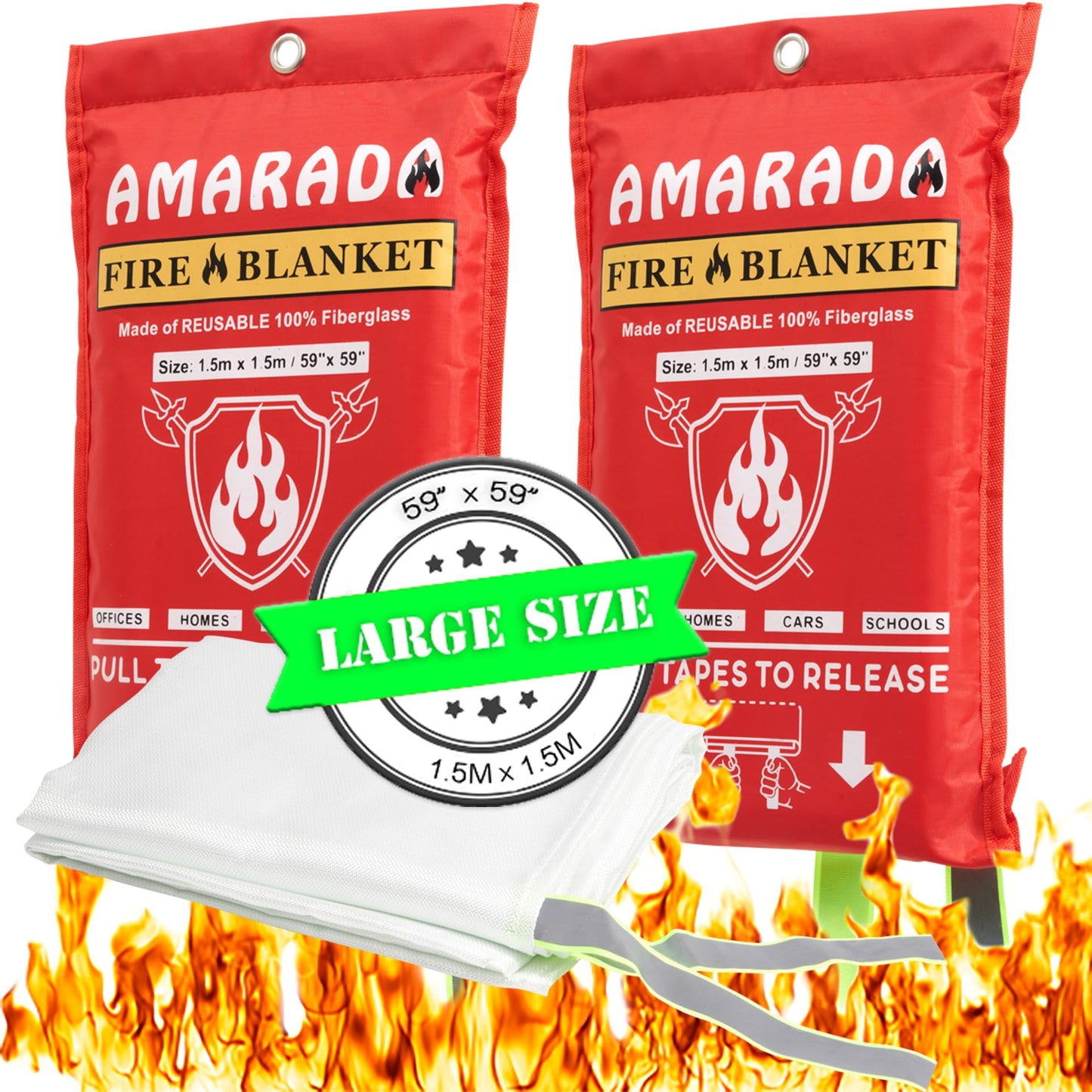 AMARADA | 2 Pack Emergency Fire Blanket | Large Size 59"x 59" | Ideal for Kitchen, Schools, Offices, Cars, Camping, BBQ, Outdoor Activities