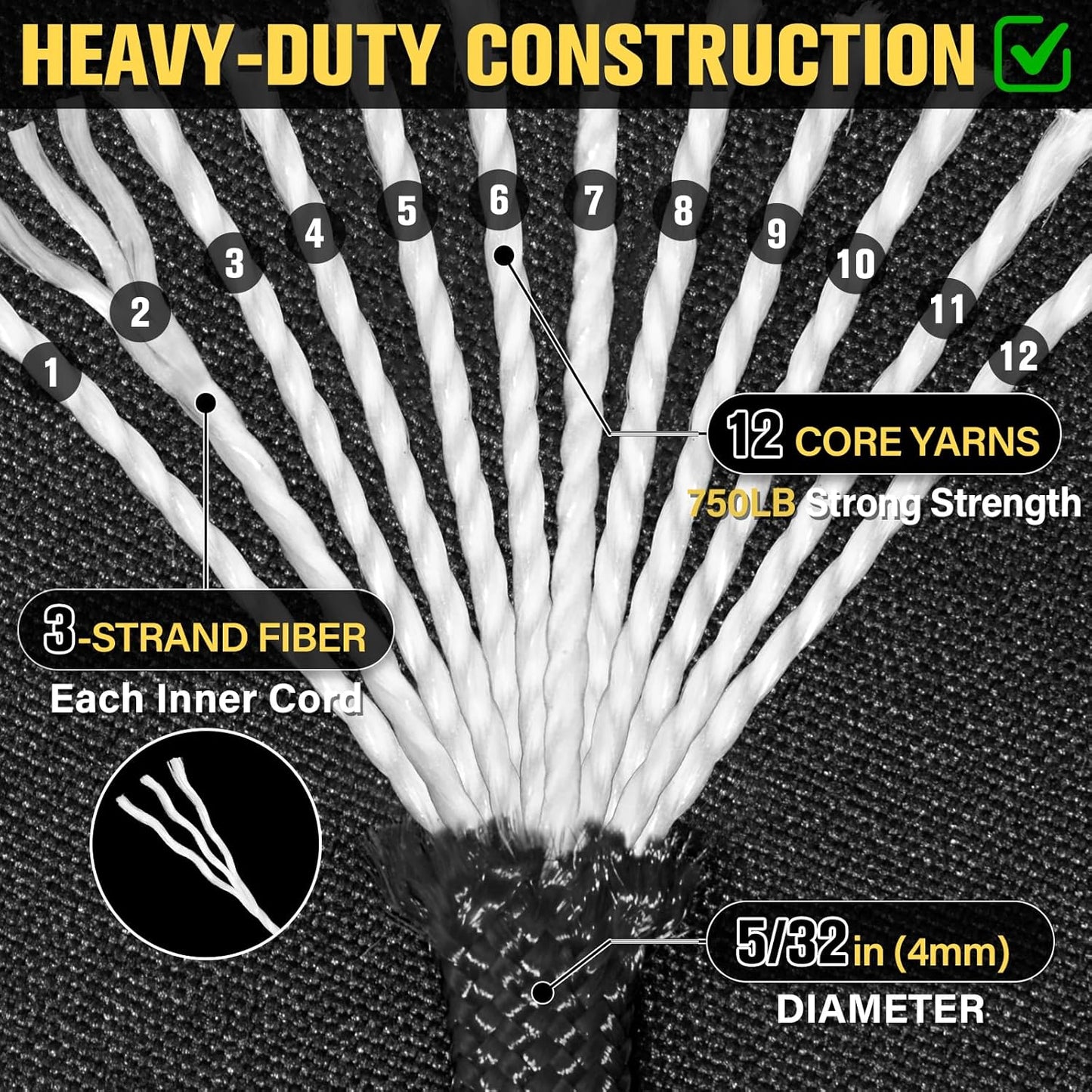 Paracord Rope 750 lb - Heavy Duty 1000ft/500ft/200ft/100ft | 5/32" 12-Strand Parachute Cord for Camping & Survival Gear
