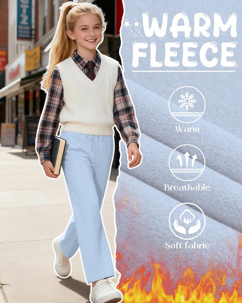 LessonZoo Girl's Fleece Lined Sweatpants, Wide Leg High Elastic Waist Jogger Straight Leg Baggy Drawstring Pants with Pockets(Blue, Gray, Black,9-10 Years)