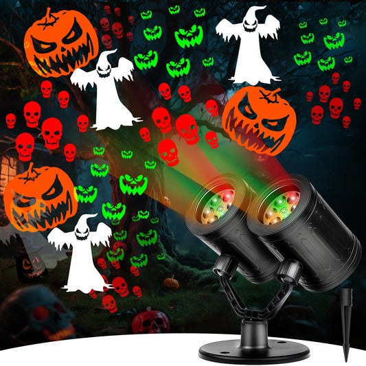 Nielfoi Upgraded Halloween Projector Lights Outdoor, Double Head Dynamic Projector Lights Indoor, 360° Rotating Waterproof Pumpkin Ghost Skeleton Bats Projection Light for Yard Window Party Decor