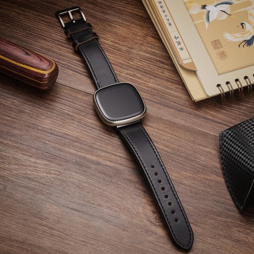 Genuine Horween Leather Black Watch Band Compatible with Fitbit Versa 3 / Versa 4 / Fitbit Sense 1 / Sense 2 for Men And Woman.