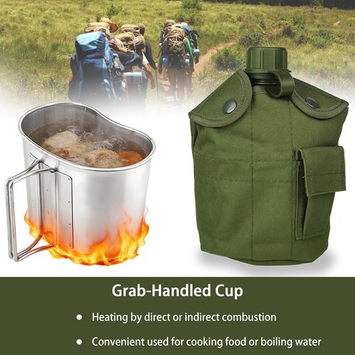 ShenDu Military Canteen, WWII US GI Style 1 Quart Water Canteen Kit with Aluminum Canteen Cup, Stainless Steel Spork & Cover for Camping, Hiking, Backpacking