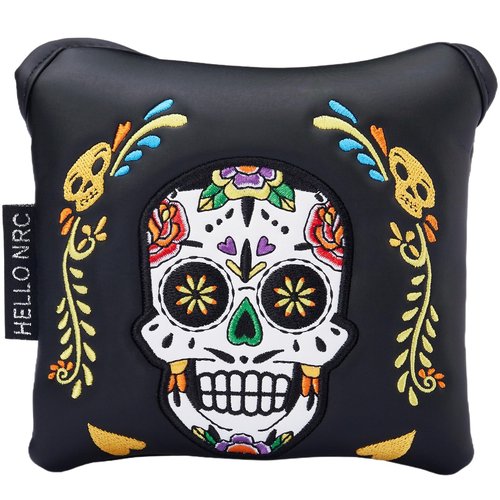 Gbourly Square Black Golf Club Colorful Skull Skeleton Mallet Putter Head Cover Magnetic Closure Heel Shafted Satin Pattern PU Leather Headcover