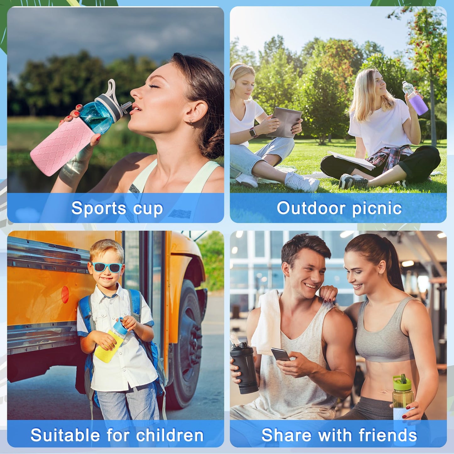 Qeeenar Water Bottle Silicone Sleeves for 16-20 oz Glass Bottle Protector, Reusable Silicone Sleeve Anti Slip Protective Holders for Drink Smoothies
