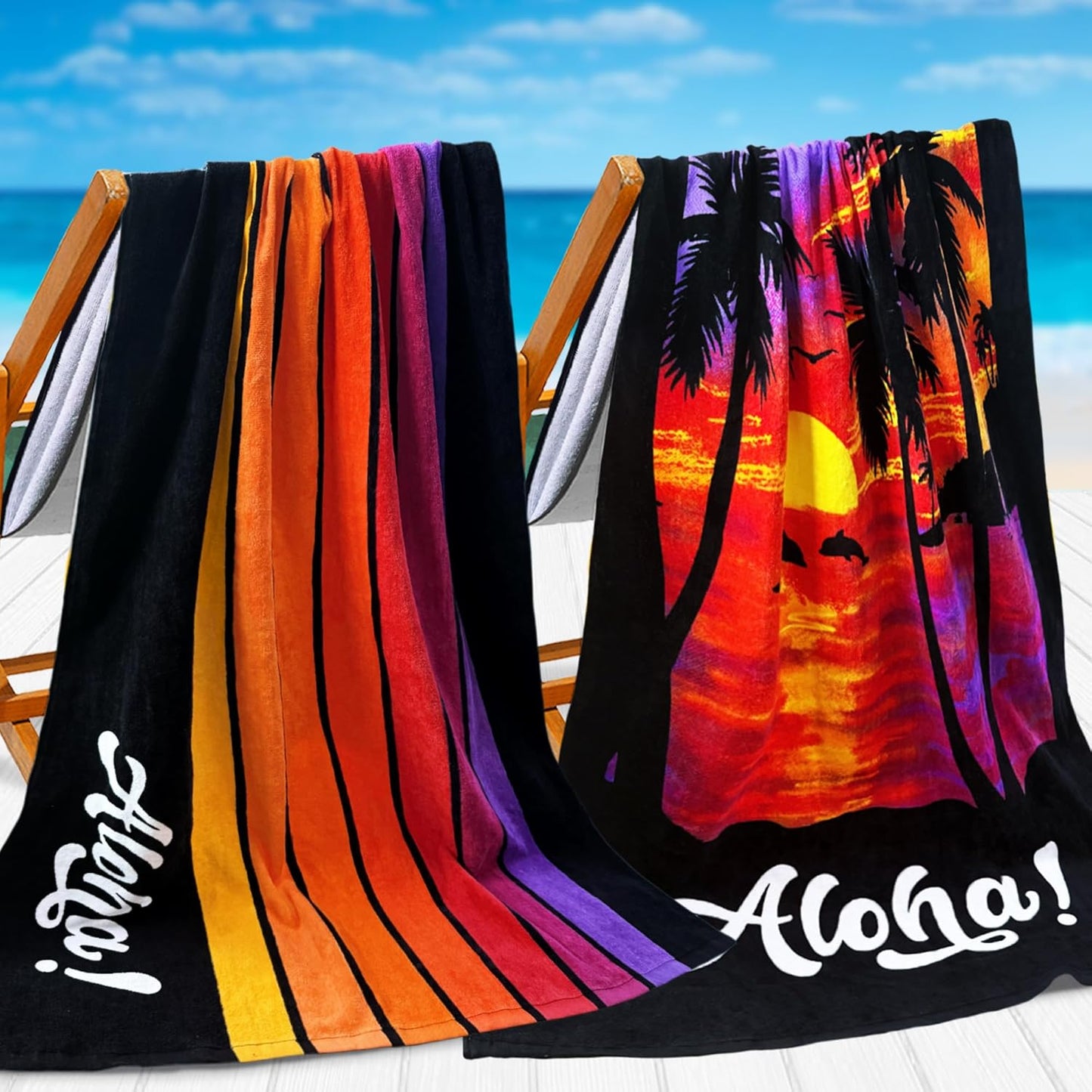VOOVA & MOVAS Beach Towels - 100% Cotton, Soft & Absorbent | Lightweight 33" x 65" Pool Towels Set in Palm Sunset & Stripe